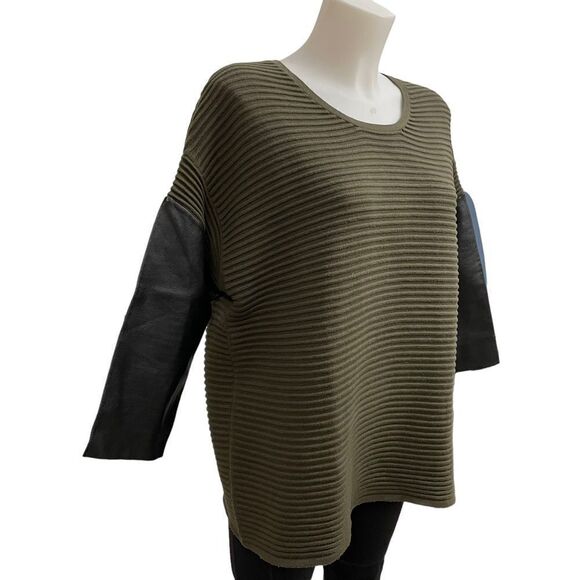 SANDRO Olive Green Ribbed Knit Lambskin Leather Sleeve Pullover Sweater sz 3 - Picture 2 of 10